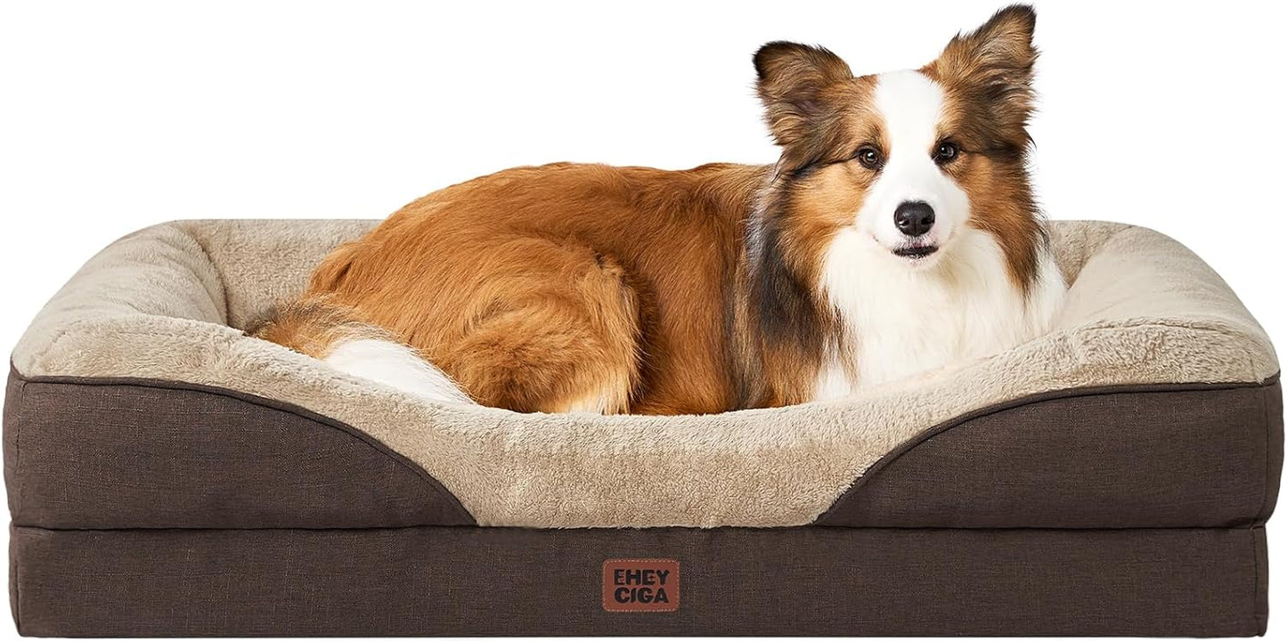 EHEYCIGA Memory Foam Dog Bed for Large Sized, Orthopedic Dog Sofa with Sides and Waterproof Liner, Washable Bolster Pet Couch with Removable Cover, 41x27x7.5 Inch, Brown