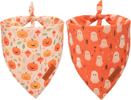 PTDECOR Halloween Dog Bandana, Ghost Pumpkin Design Reversible Holiday Dog Scarf, Triangle Halloween Bandanas for Small Dogs Puppies Cats(Small)