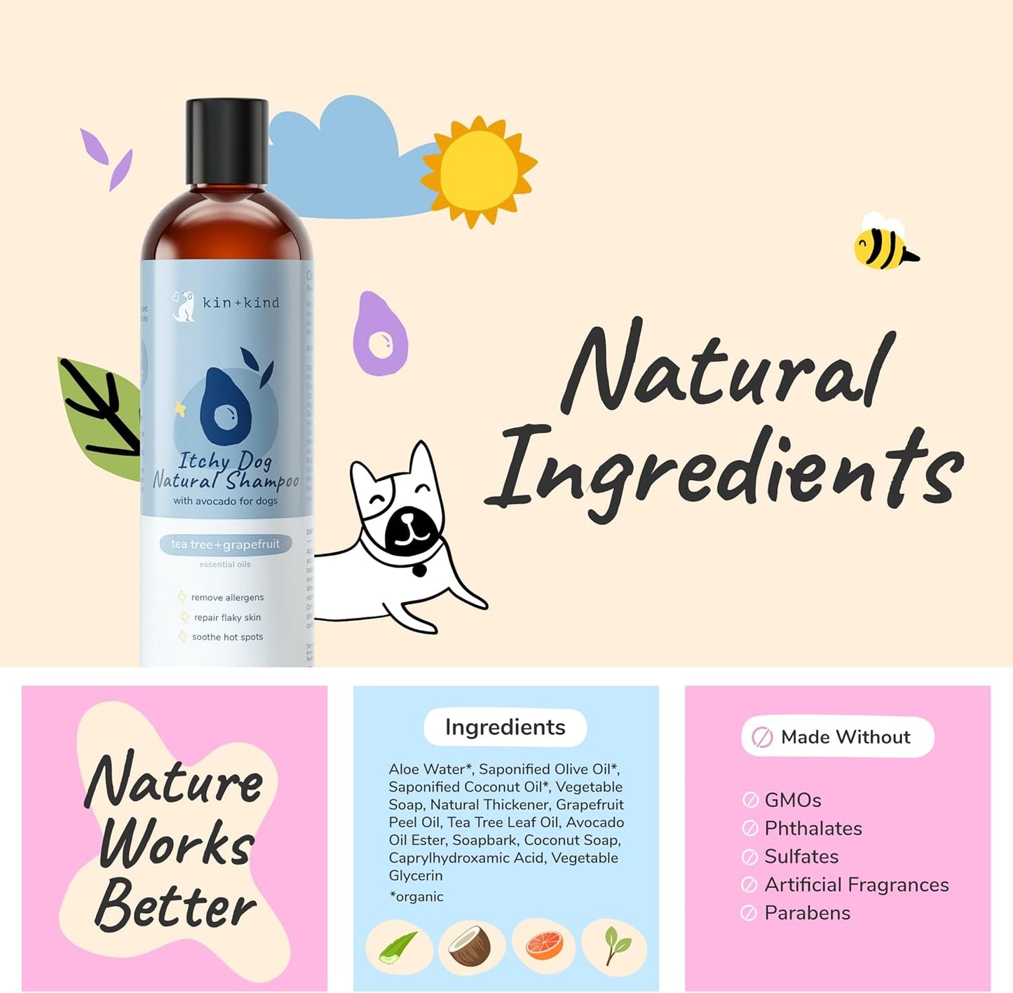 kin+kind Pet Shampoo for Itchy Dog and Cat (12 fl oz) - Soothe Itch and Hot Spot Irritation - Safe, Natural Formula with Olive Oil, Coconut Oil and Avocado Oil - Made in USA