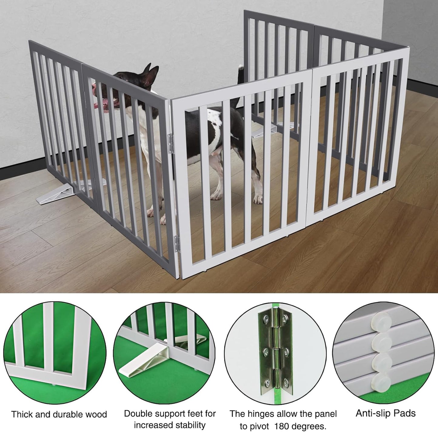 ZJSF Freestanding Indoor Dog Gate for House Foldable Wood Puppy Gate for Doorways Pet Gate for Stairs Extra Wide Pet Fence, Grey, 32" Height 6 Panels