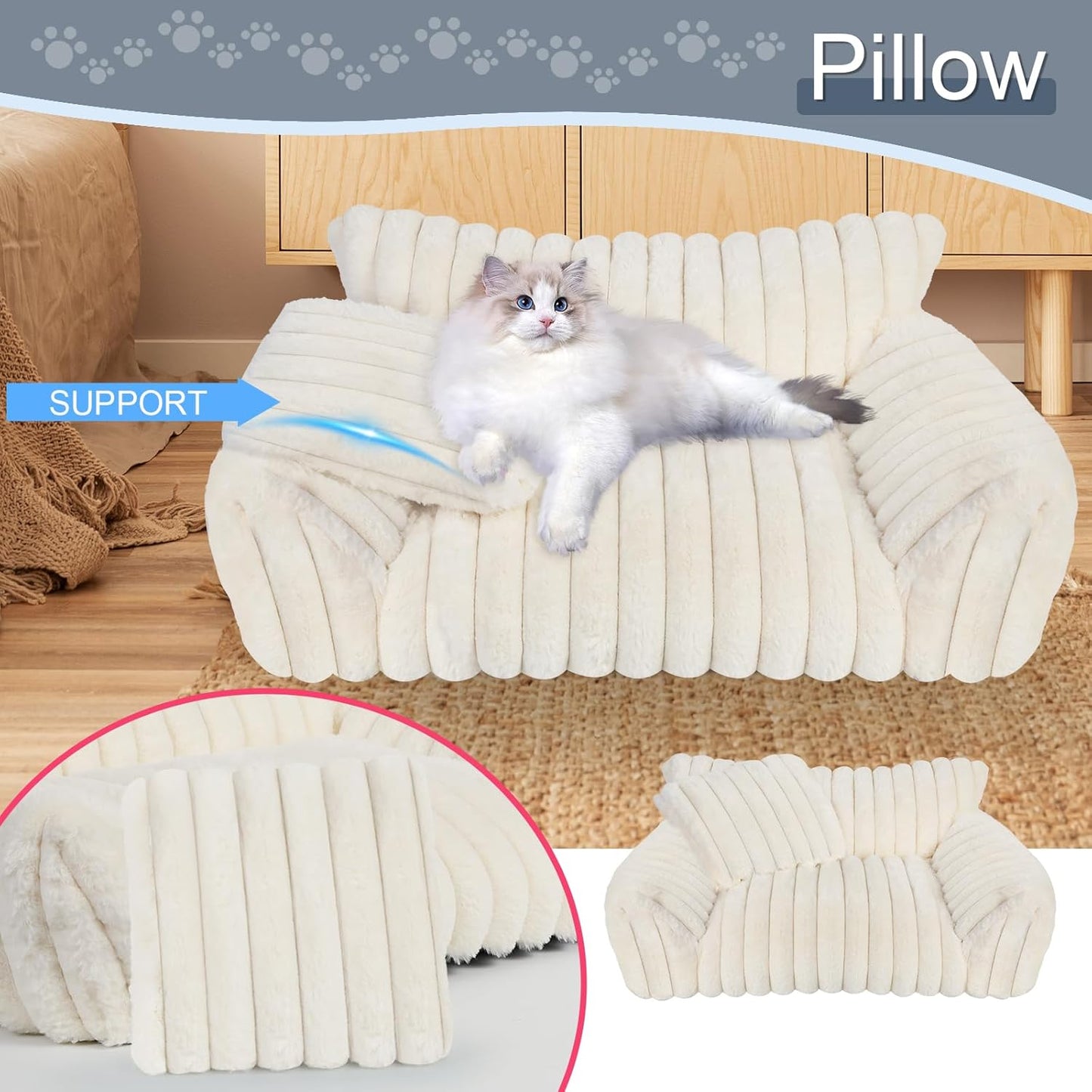Cute Cat Couch Bed for Indoor Cats, Fluffy Pet Cat Sofa with Premium Soft Corduroy Fleece, Cute Small Dog Beds for Small Dogs, Fuzzy Puppy Chair with Removable Washable Cover (24x18x10,Cream)