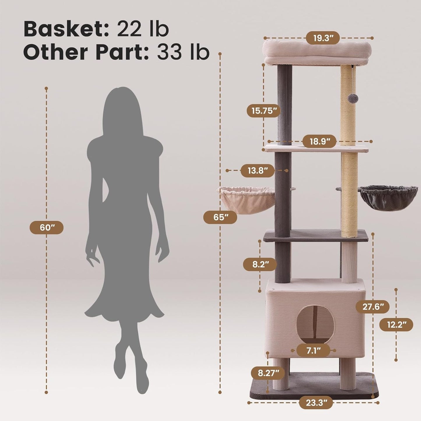 Gardner Pet 65in Heavy Duty Cat Tree Tower for Large Cats, Multi-Level Cat Furniture with Replaceable Sisal Scratching Post, Hammock | Extra-Large Platform & Condo Easy to Clean (Corduroy)