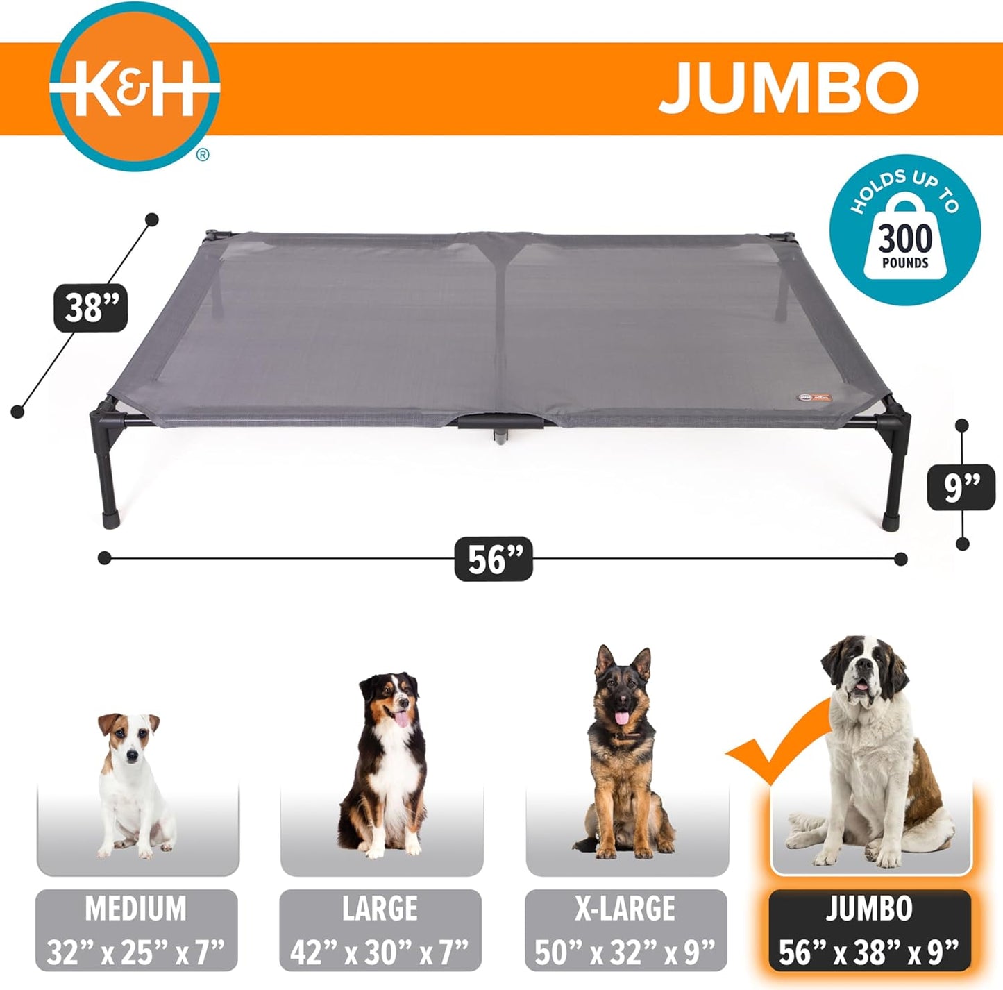 K&H Pet Products Elevated Outdoor Dog Cot Bed, Raised Cooling Bed with Washable Breathable Mesh for Large Dogs, Portable Raised Platform Pet Bed, Heavy Duty Metal Frame Hammock Bed, Jumbo, Gray