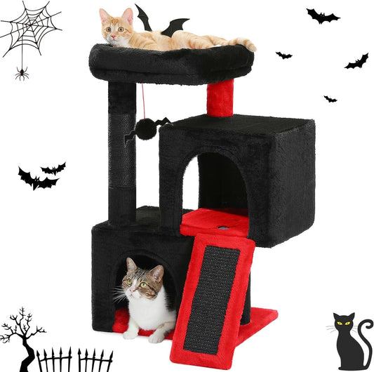 PAWZ Road Gothic Cat Tree, 30 Inches Black Cat Tower with Dual Condos for Indoor Cats, Spooky Cat House with Padded Perch, Scratching Ramp and Posts and Bat Toys