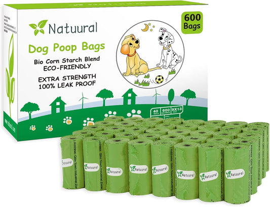Dog Poop Bags Rolls-600 Counts, 40Rolls, Biodegradable Poop Bags Made of Cornstarch, 100% Leak Proof and Easy to Open (Green)