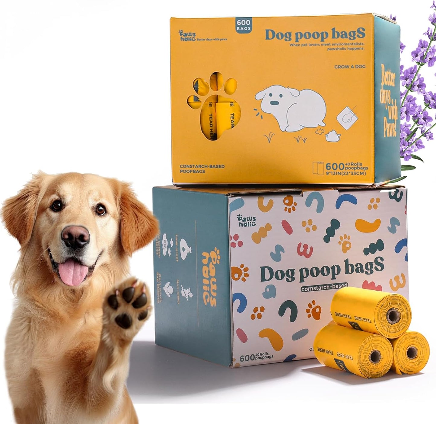 Dog Poop Bags Rolls Biodegradable 100% Leak Proof Thickened Waste Bags - 600 Count 40 Rolls - Cornstarch Based Doggie Poop Bag for Small and Big Dogs（Lavender）