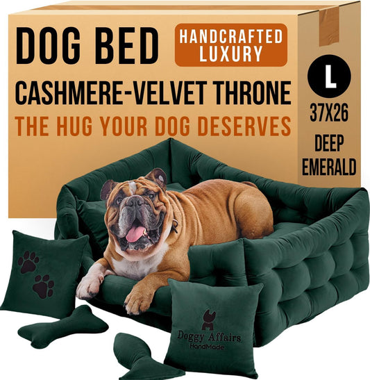 Luxury Dog Bed Chesterfield – Handcrafted Velvet Throne for Dogs | Joint Support, Calming & Temp-Regulating Comfort | Durable 5+ Years, Anti-Claw, Washable 100+ Times – L, Green