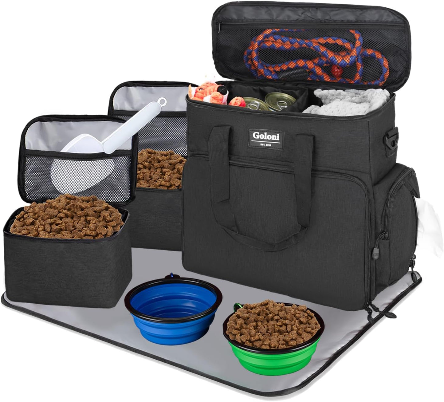 Dog Travel Bag Airline Approved–Pet Travel Tote with Collapsible Bowls,Food Containers & Feeding Mat–Multi-Pocket Organizer for Dogs & Cats, Durable & Water-Resistant for Hiking,Trips,Outdoors