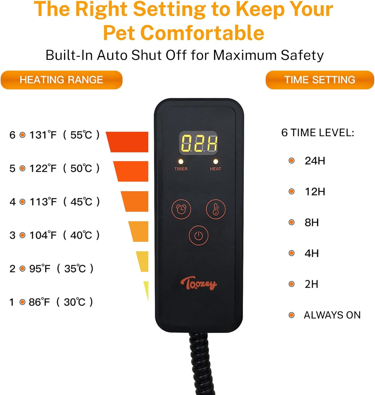 Toozey Pet Heating Pad, 6 Adjustable Temperature Dog Cat Heating Pad with Timer, Waterproof Heated Cat Bed with Chew Resistant Cord, Indoor Electric Pet Heated Mat 18x16in