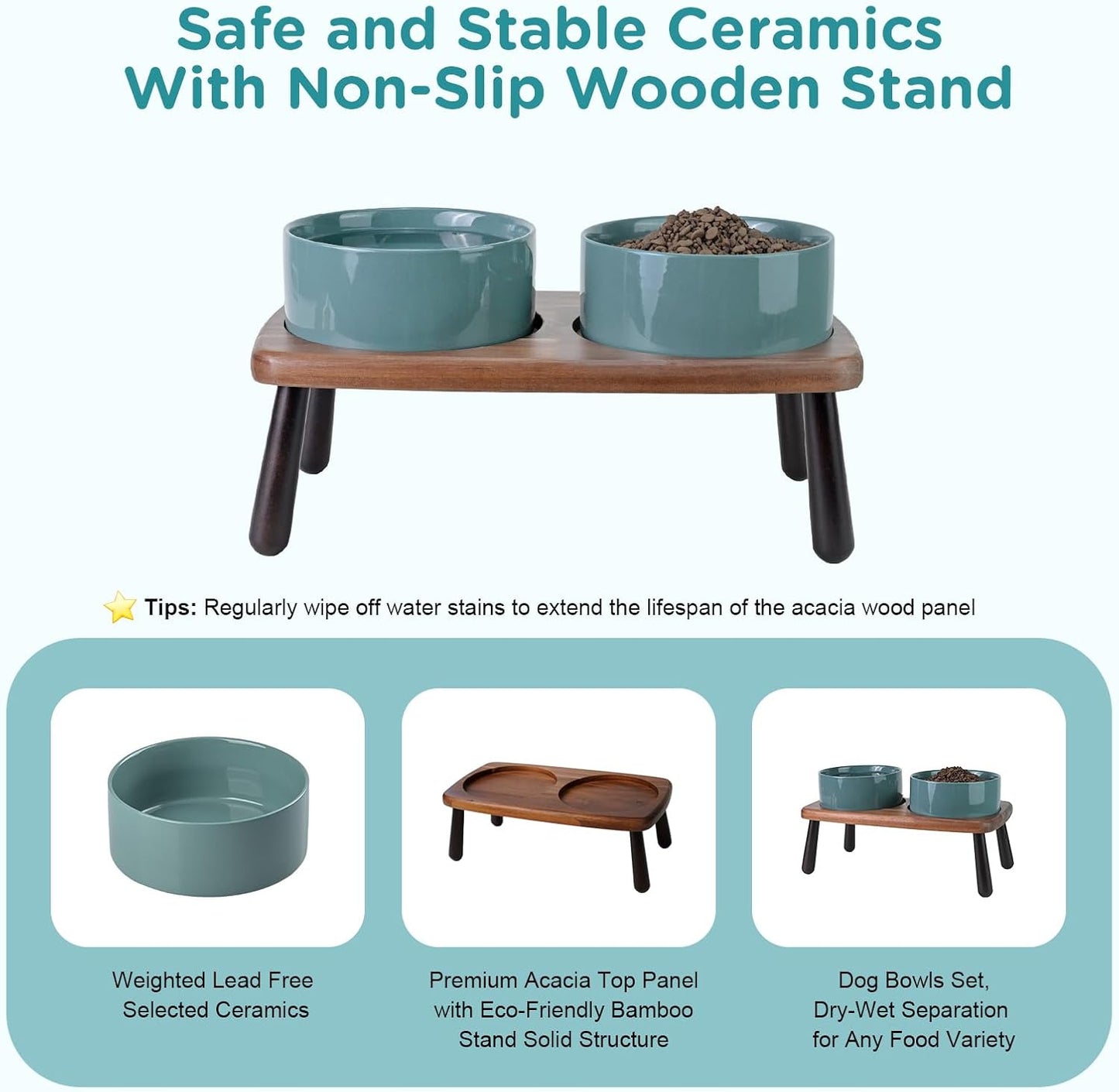 SPUNKYJUNKY Ceramic Elevated Dog Bowls Raised with Acacia Bamboo Wooden Stand, 6.1'' Dog Cat Food Water Bowls Set Non-Slip for Small Medium Sized Breed Microwave Dishwasher Safe - 28.7 OZ,Dark Green
