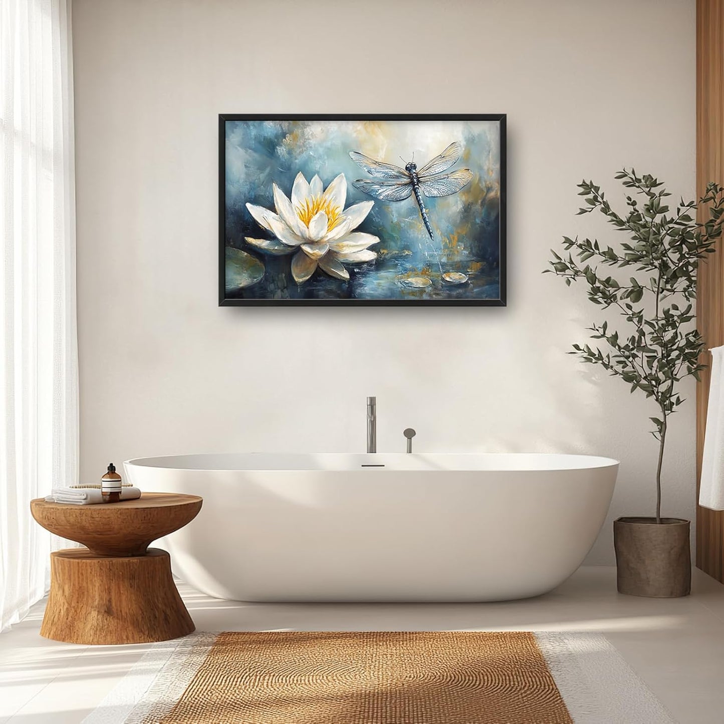 Extra Large Lotus Dragonfly Framed Wall Art for Living Room,Abstract Blue Lotus Flower Lake Pictures Wall Decor,Nature Canvas Print Painting Modern Artwork Bedroom Office Bathroom 36L" x 24W"