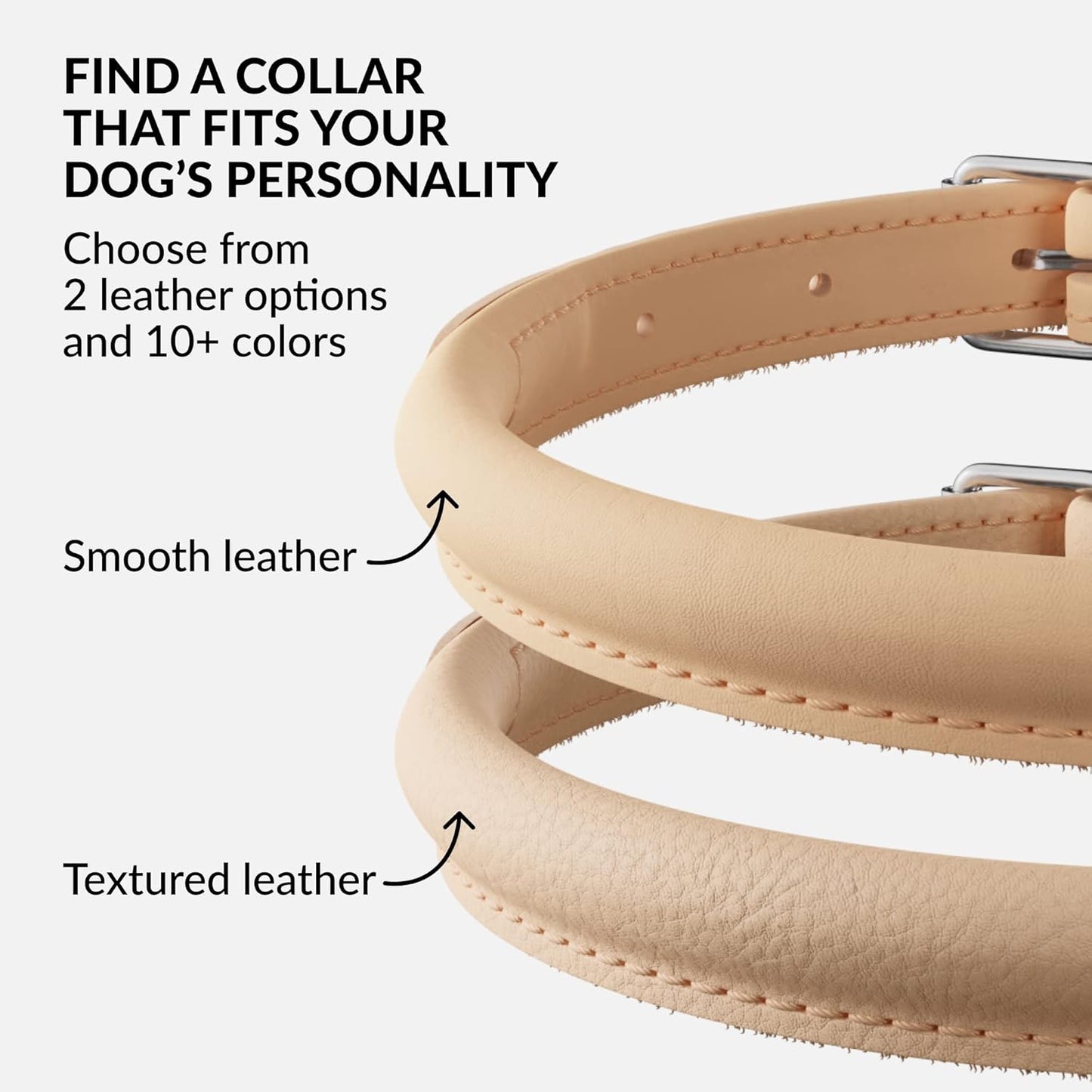 CollarDirect Rolled Leather Dog Collar, Soft Padded Round Puppy Collar, Handmade Genuine Leather Collar Dog Small Large Cat Collars 13 Colors (8-11 Inch, Beige Smooth)