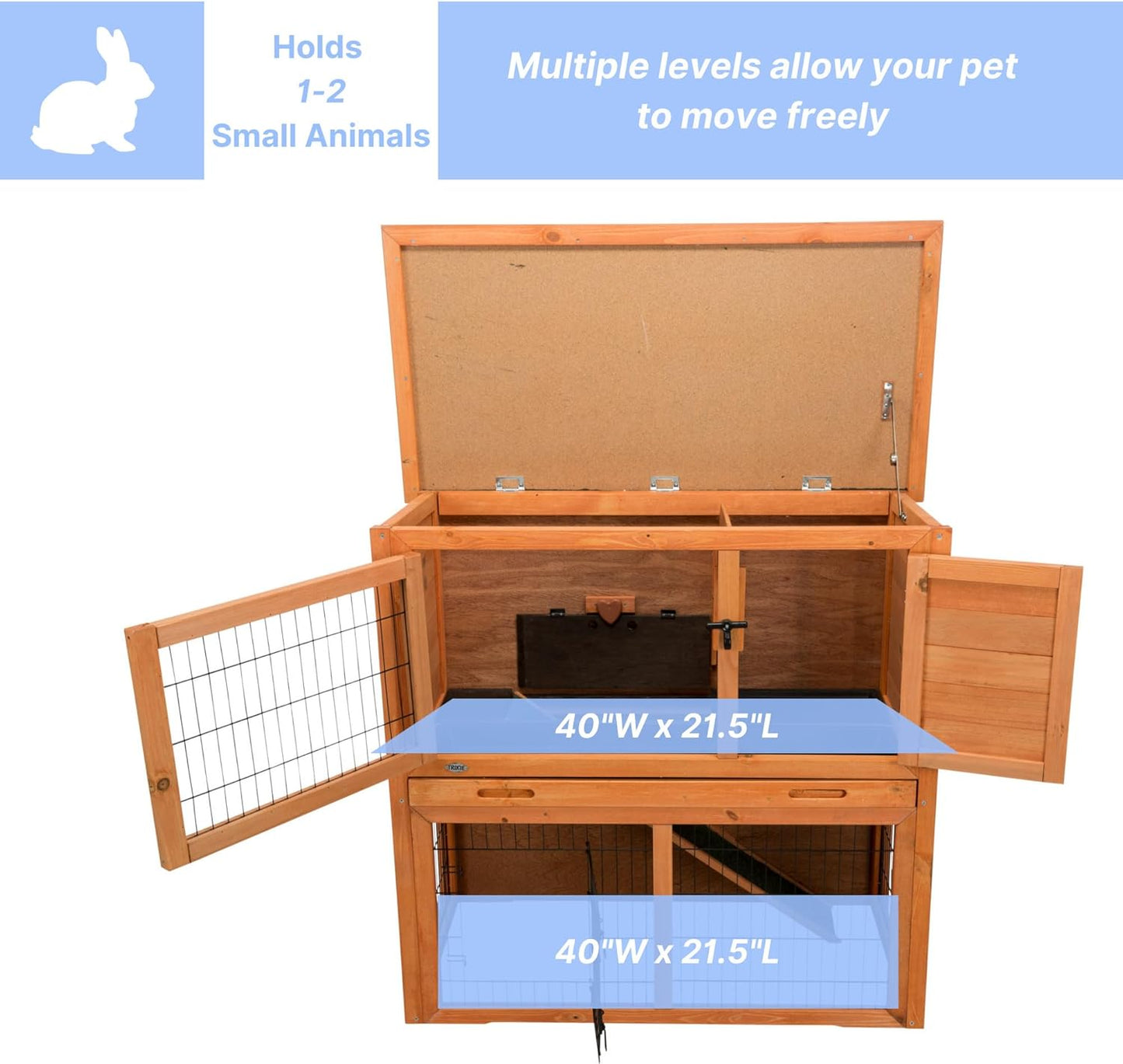 TRIXIE natura Outdoor Rabbit Hutch with Run - 2-Story Rabbit Cage with Non-Slip Ramp - Large Elevated Small Animal House with Secure Playpen, Hinged Roof & Pull-Out Tray - in Brown