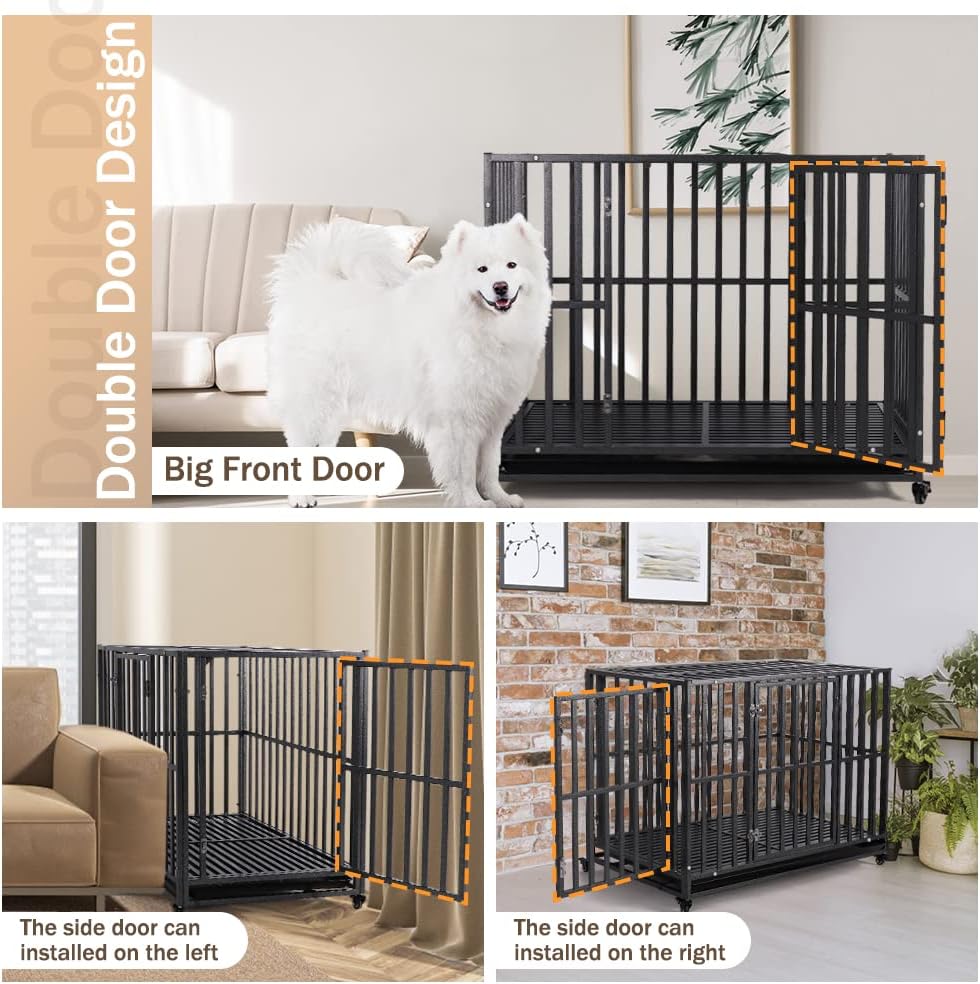 LUCKUP Heavy Duty Dog Crate-42 inch Large Metal Dog Cage with 2 Doors and 4 Wheels, Stackable Dog Kennel for Large & Medium Dogs, Removable Tray