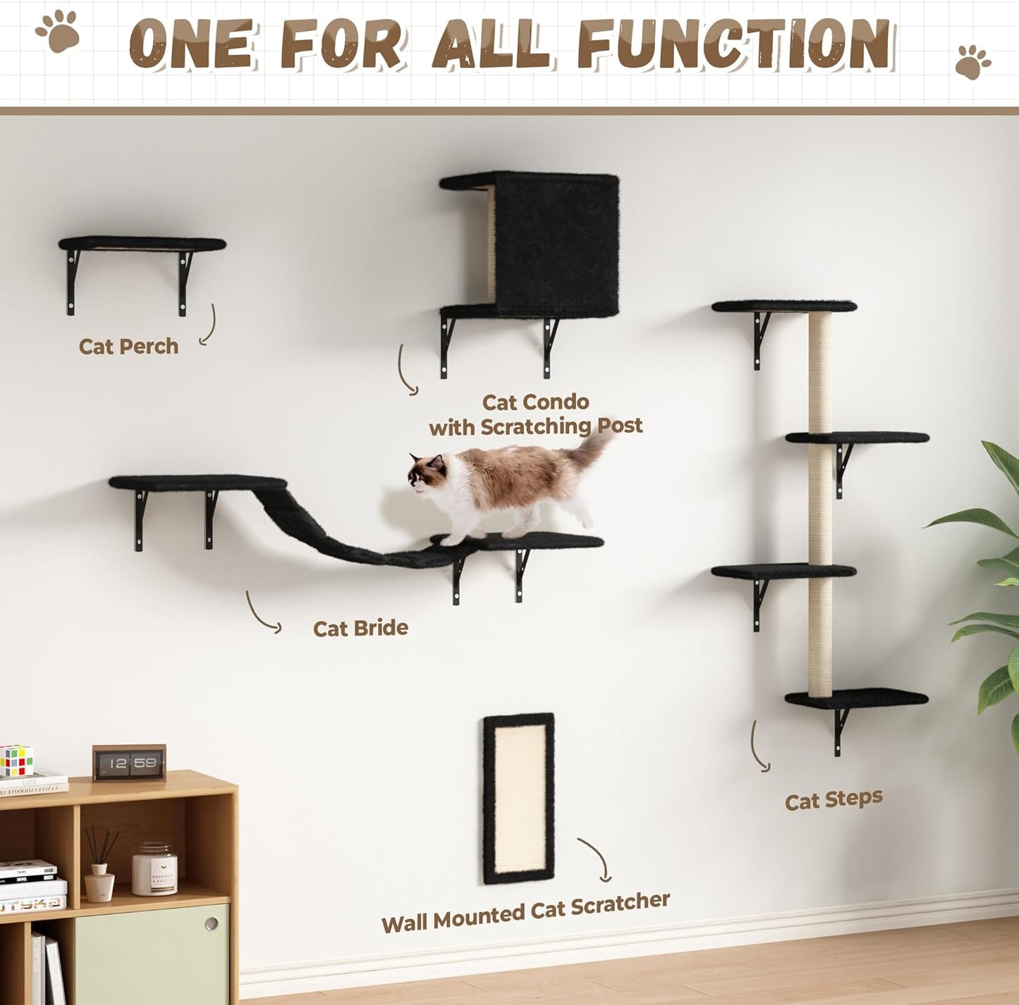 COZIWOW Wall Mounted Cat Furniture, Cat Wall Shelves and Perches, Floating Cat Shelves for Wall Set of 5 (Black)
