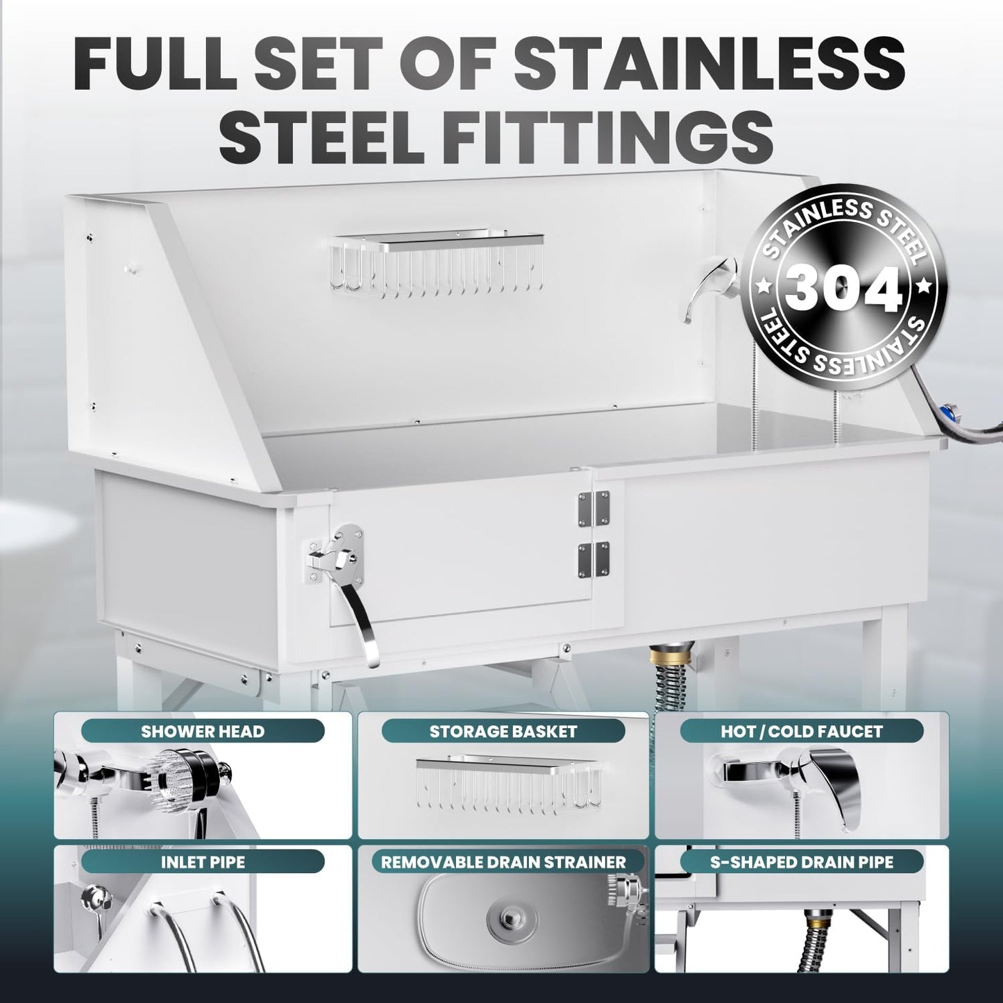 Dog Washing Station for Home, 38" White Professional Stainless Steel Dog Grooming Tub, Height Adjustable Dog Bathing Station, Upgrade Parts, Dog Bath Tubs for Small & Medium Dogs(Left Stair)