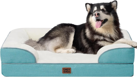 EHEYCIGA Orthopedic Dog Beds for Extra Large Dogs, Waterproof Memory Foam XXL Dog Bed with Sides, Non-Slip Bottom and Egg-Crate Foam Big Pet Couch Bed with Washable Removable Cover, Turquoise Blue