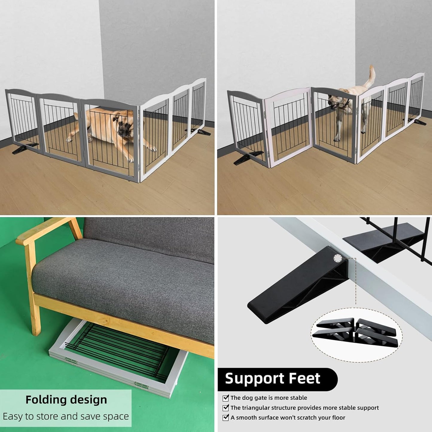ZJSF Freestanding Dog Fence Indoor, Foldable Dog Gate for Doorways, Stairs or Hallways, Sturdy Wood Extra Wide Pet Gate with Support Feet for The House, Grey, 32 "Height-6 Panels