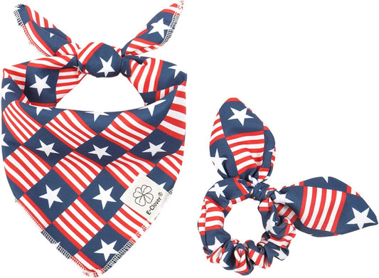 E-Clover 4th of July Dog Bandanas & Matching Scrunchie Set American Flag Dog Scarf Washable Patriotic Pet Bandana Kerchief Bibs for Medium Large Dogs Owner Gifts
