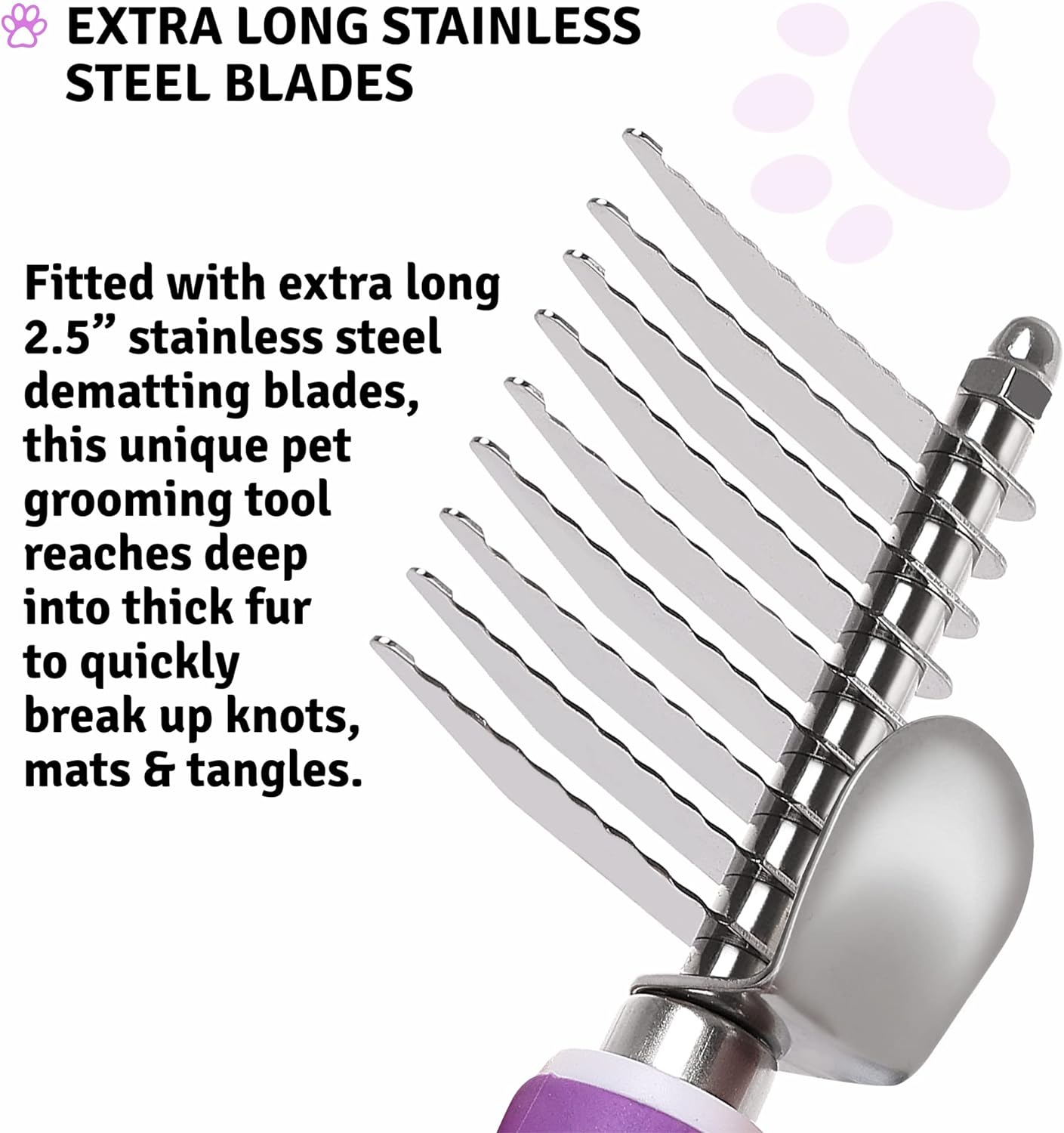 Poodle Dematting Fur Rake Comb Brush for Dogs and Cats - Long 2.5" Steel Safety Blades Metal Comb for Detangling Matted or Knotted Undercoat Hair