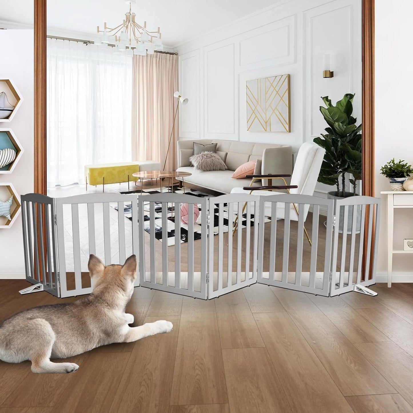 ZJSF Foldable Freestanding Indoor Dog Gate for House Wood Long Pet Gates Dog Fence for Stairs Puppy Gates for Hallways, Puppy Gate,Support Feet Included, Grey, 24 "Height-6 Panels