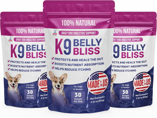 K9 Belly Bliss, All-Natural Gut Health for Dogs, Vet Approved Prebiotic for Dogs for Daily Digestive Support & Dog Constipation Relief, Topper for Dry & Wet Food, 3 Pack with 30 Scoops Each.