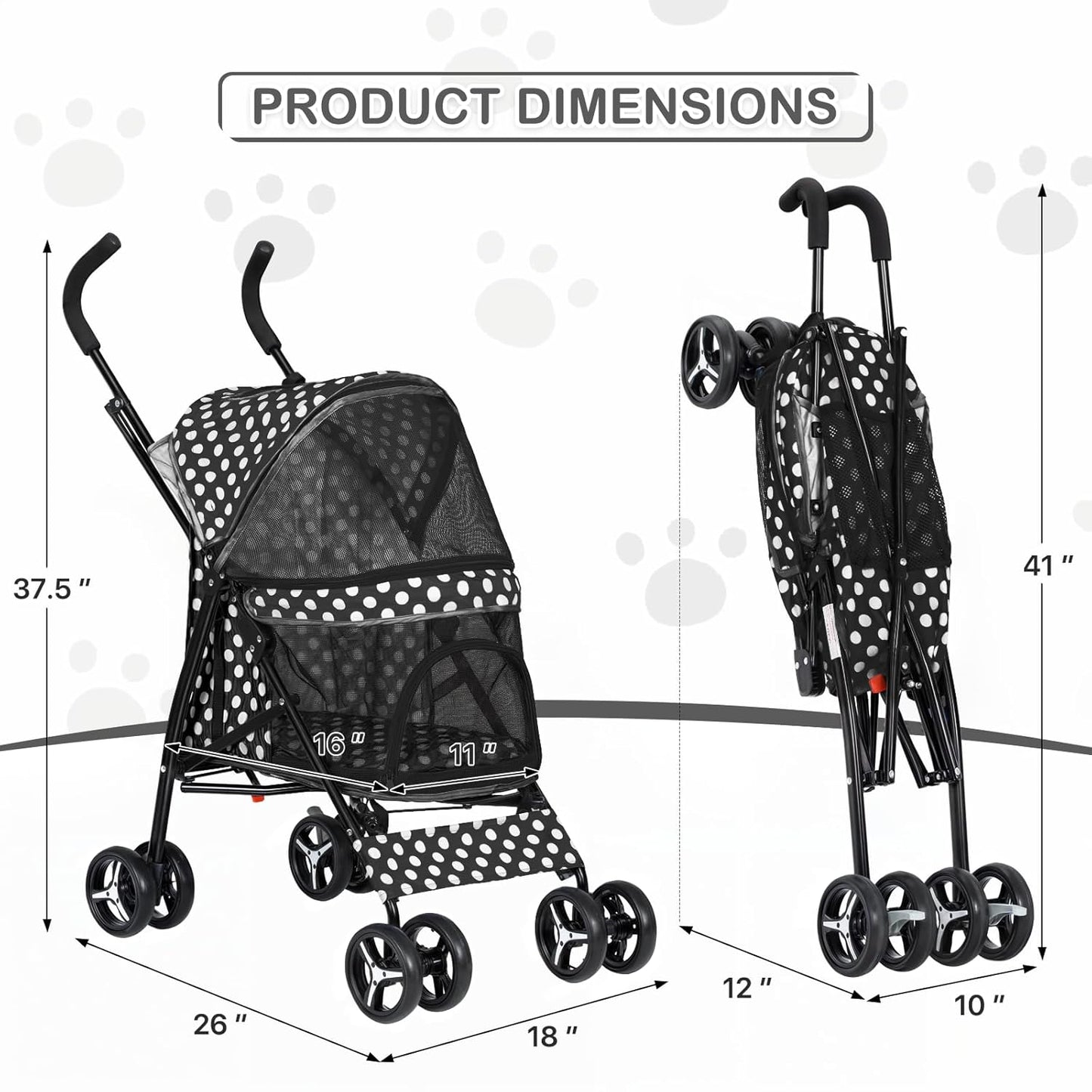 MoNiBloom 4 Wheels Pet Stroller, Easy-Fold Umbrella Shaped Dog Cat Jogger Stroller w/Storage Bag & Visible Mesh for Small/Medium Dogs Cats Black Polka Dots