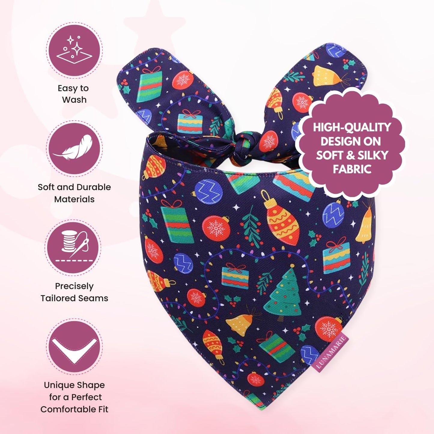 LunaMarie - Luxury Pet Birthday Bandanas -Premium & Silky Poly Fabric | 100% Handmade | Custom Shape Dual Layered (Christmas Tree, Medium)