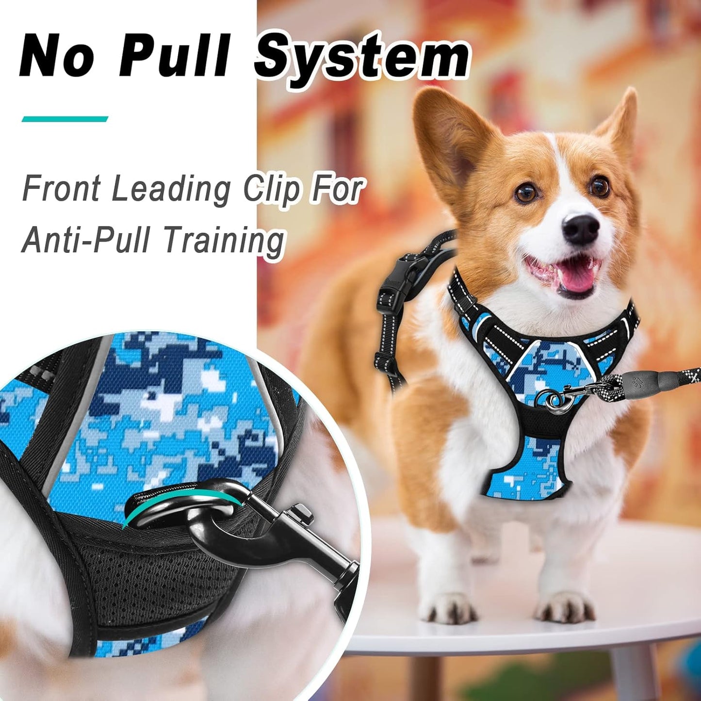 BARKBAY No Pull Dog Harness Large Step in Reflective Dog Harness with Front Clip and Easy Control Handle for Walking Training Running(Blue camo,M)
