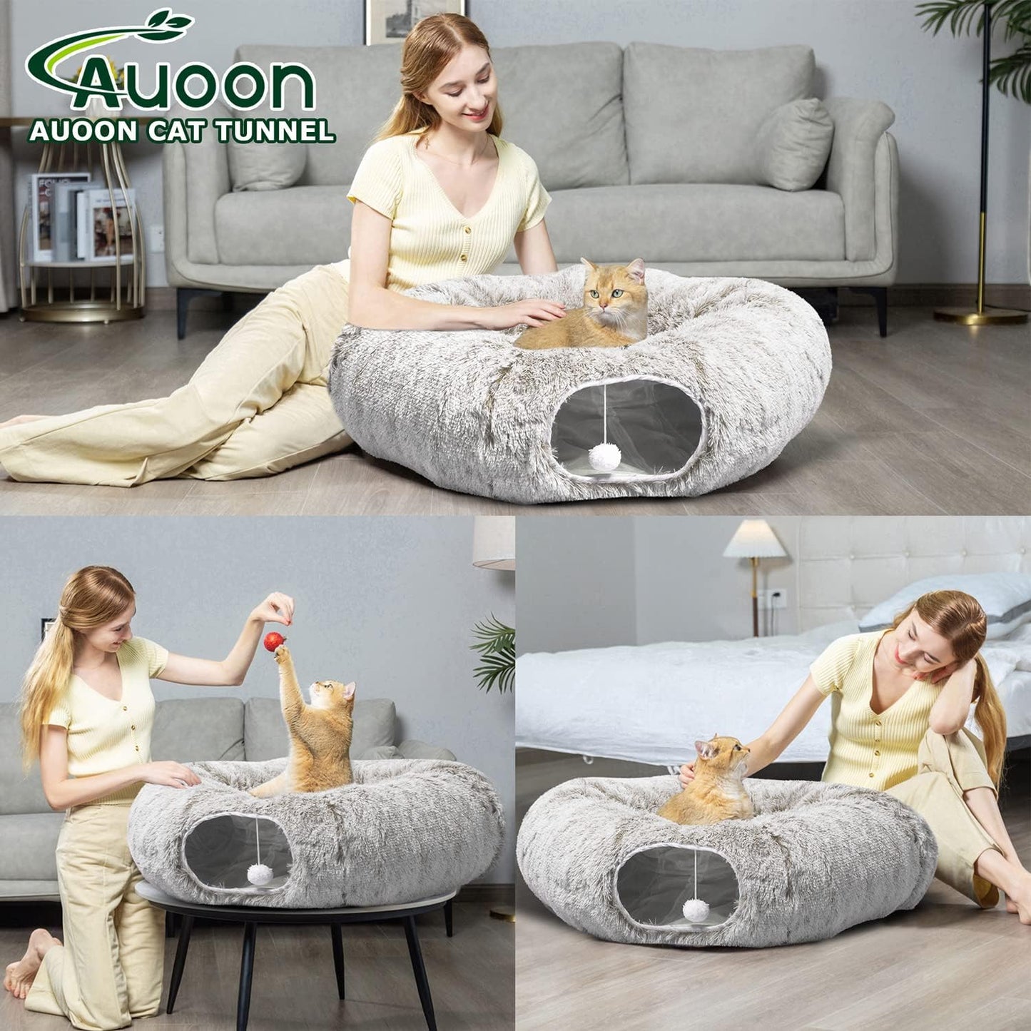 AUOON Cat Tunnel Bed - Cat Donut Tunnel with Soft Plush Circle Cushion for Indoor Cats Kitten Kitty Puppy Rabbit Ferret (Khaki)