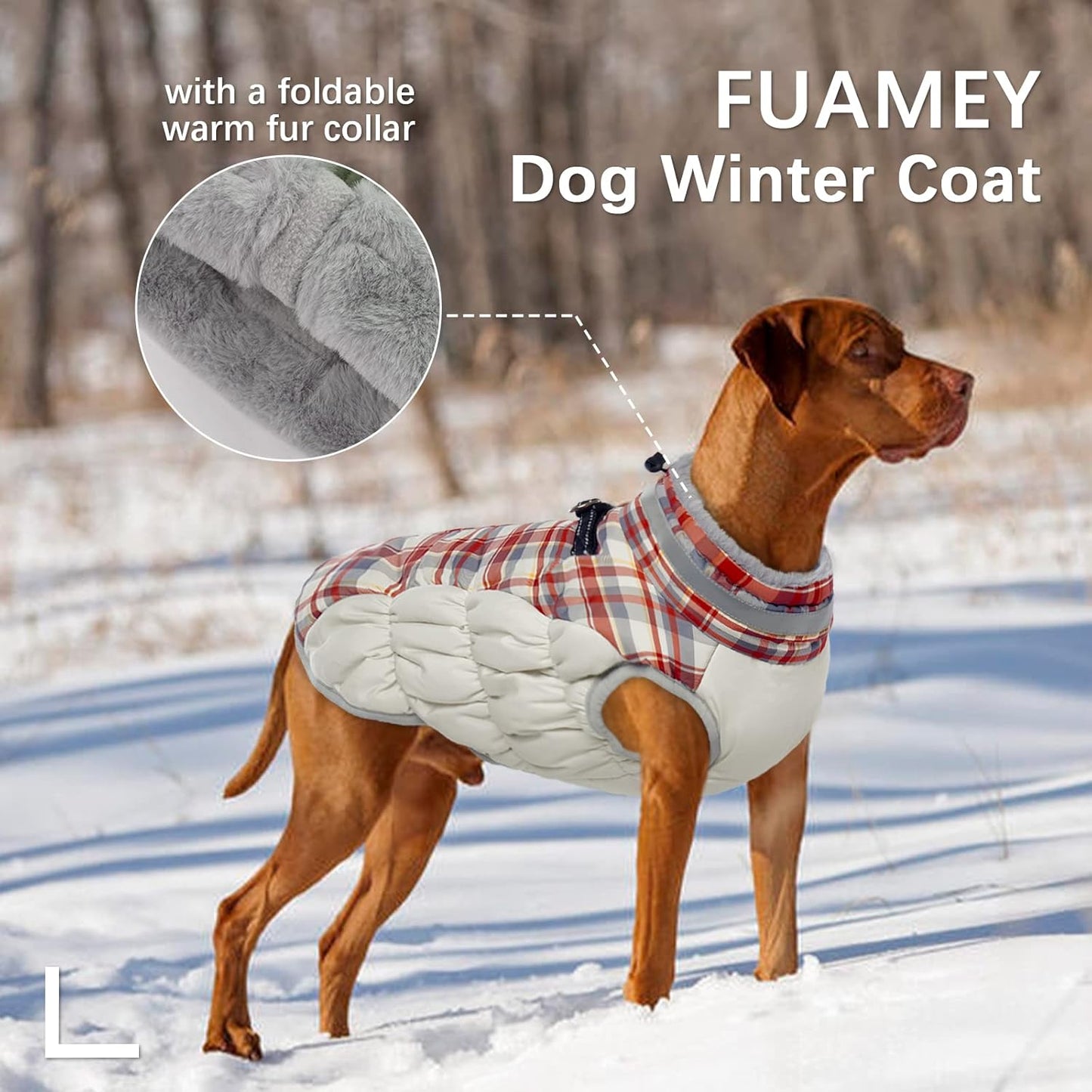 FUAMEY Dog Coat for Large Dogs,Waterproof Dog Winter Jacket with Harness Built in Puppy Cold Weather Coats Reflective Pet Vest with Zipper Warm Fleece Dogs Snowsuit Windproof Red Plaid XXXL