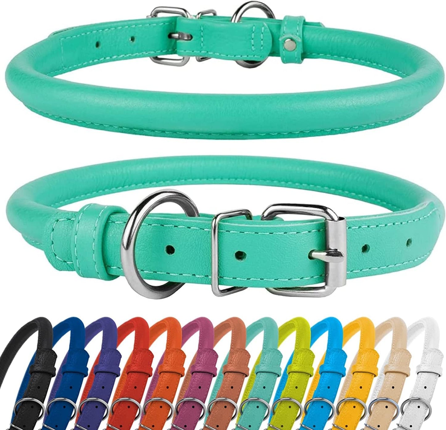 CollarDirect Rolled Leather Dog Collar, Soft Padded Round Puppy Collar, Handmade Genuine Leather Collar Dog Small Large Cat Collars 13 Colors (8-11 Inch, Mint Green Textured)