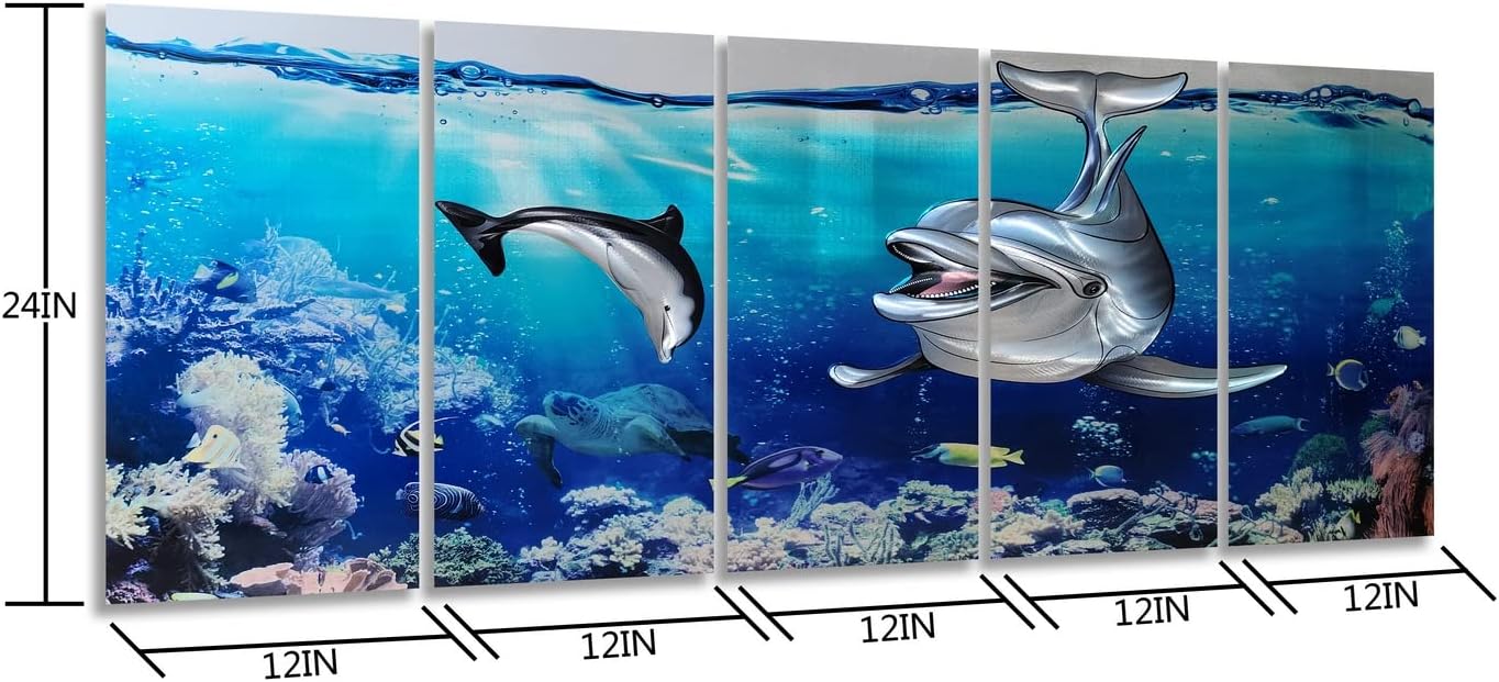 SYGALLERIER Dolphin Metal Wall Art Hand Crafted Coastal Aluminum Artwork in 5 Pieces, Modern Sea Pictures Sculpture for Living Room Bedroom Bathroom Decor