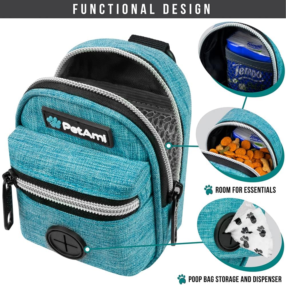 PetAmi Dog Poop Bag Holder for Leash, Pet Waste Dispenser With Clip for Puppy Walking Accessories, Travel Camping, Treat Pouch Supplies With Doggy Roll, Blue