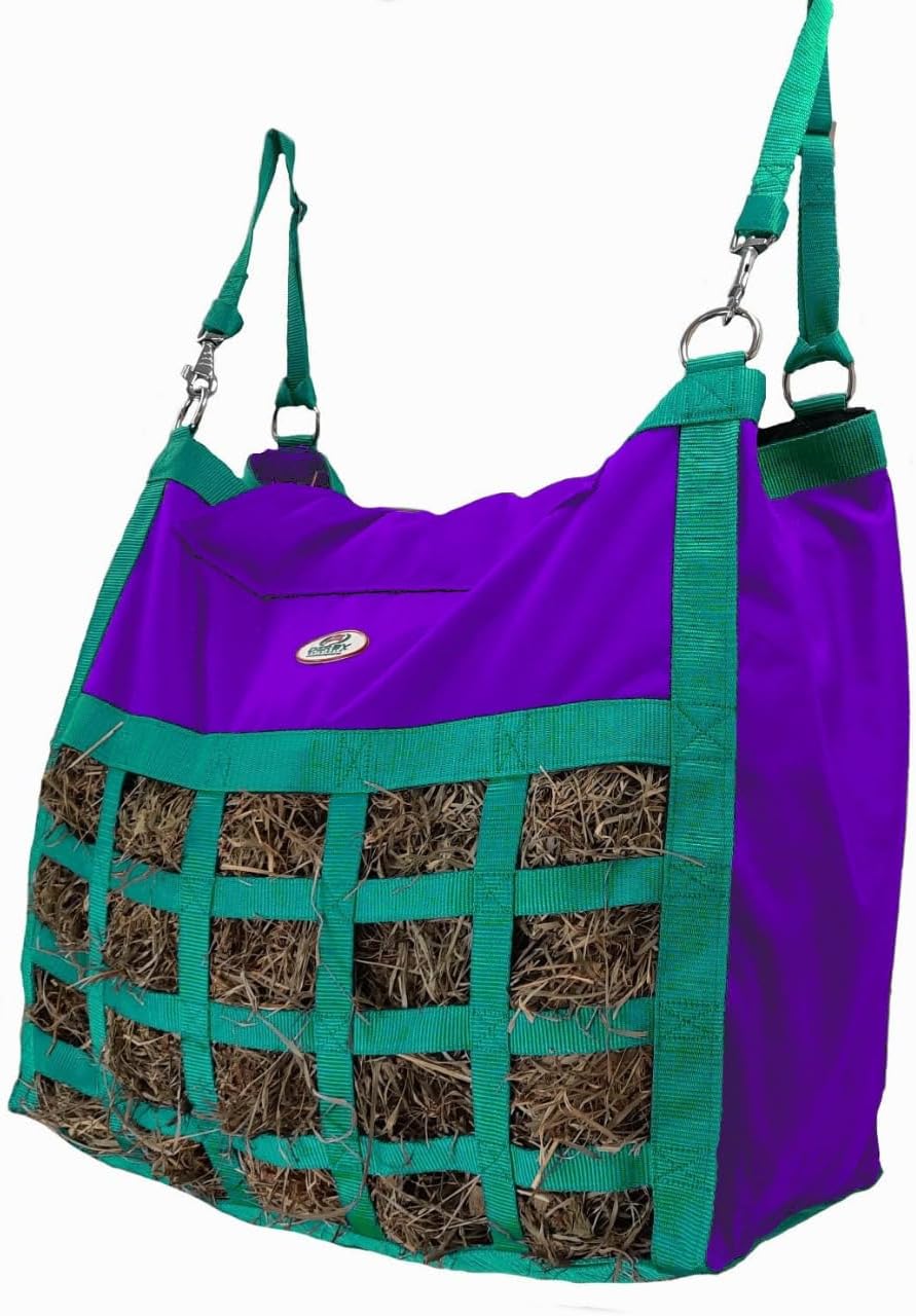 Supreme Slow Feed Top Load Hay Bag with Super Tough Bottom with 2" x3.5” Rectangular Openings and 6 Month Warranty (Purple Lime Green Trim)
