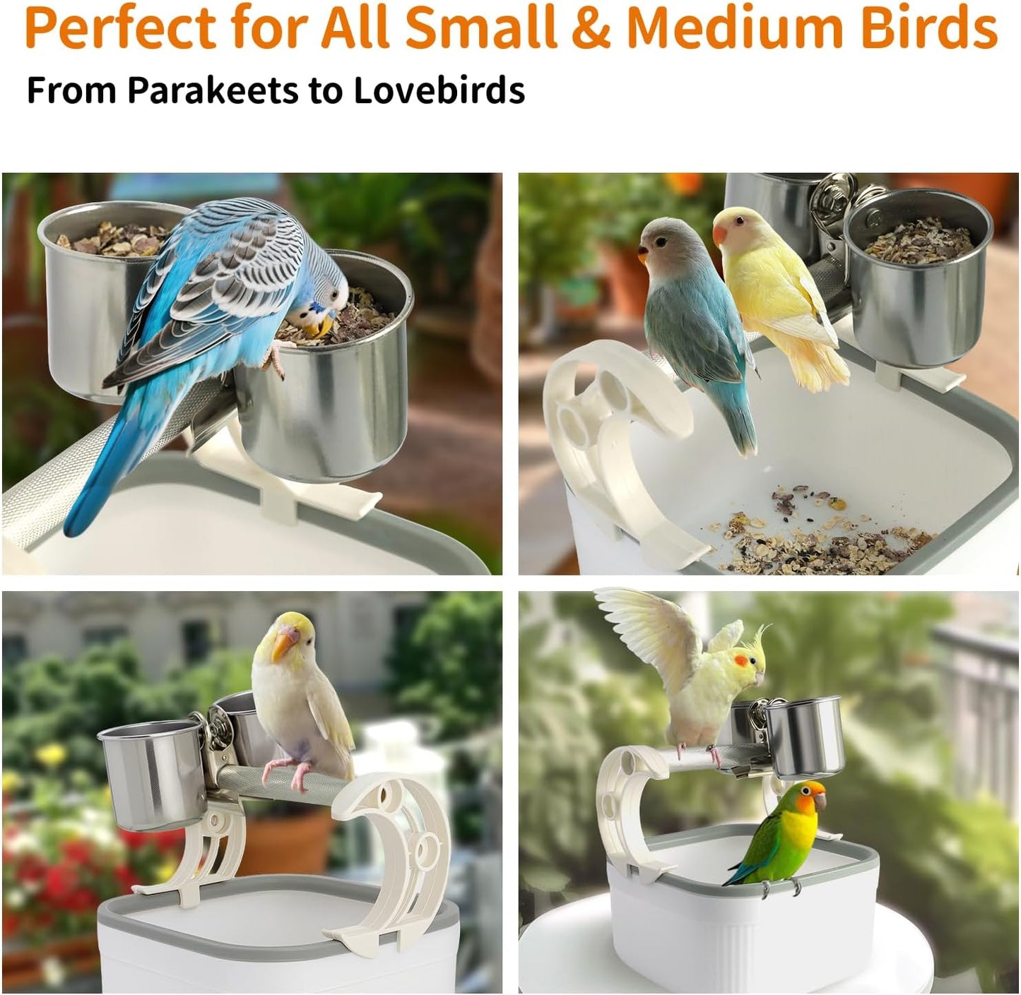 Bird Desktop Training Stand with Detachable Stainless Steel Double Bowls Feeder-Portable Bird Perches Stand with Detachable Base for Parakeets, Lovebirds&Medium-Sized Birds, Parakeet Cage Accessories