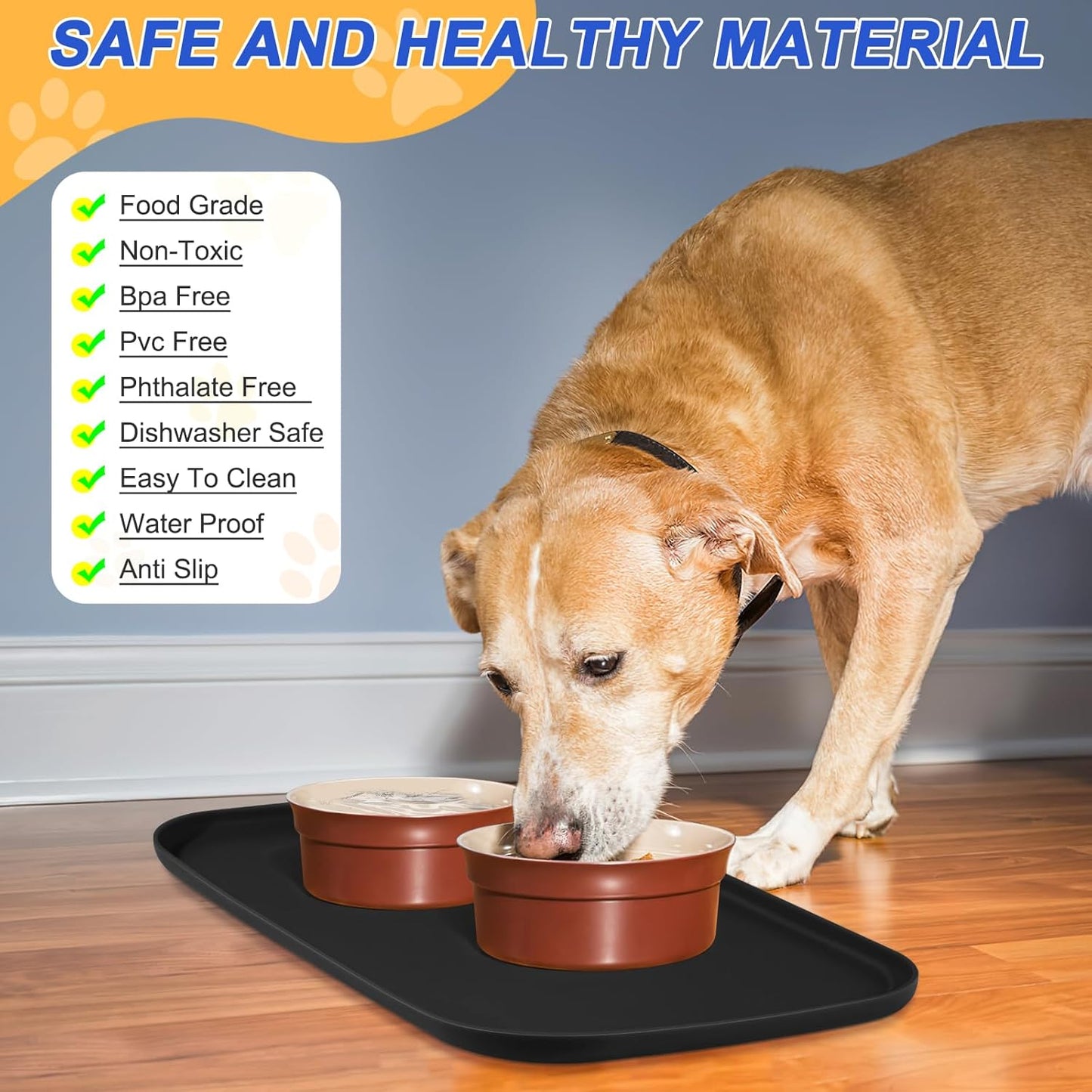 Silicone Pet Feeding Mat with Raised Edge for Food and Water, Dog Bowl Mats, Cat Bowls Placemat with High Lip for Floor Waterproof, Rubber Tray for Cats and Dogs 19 x 12 x0.7 Black