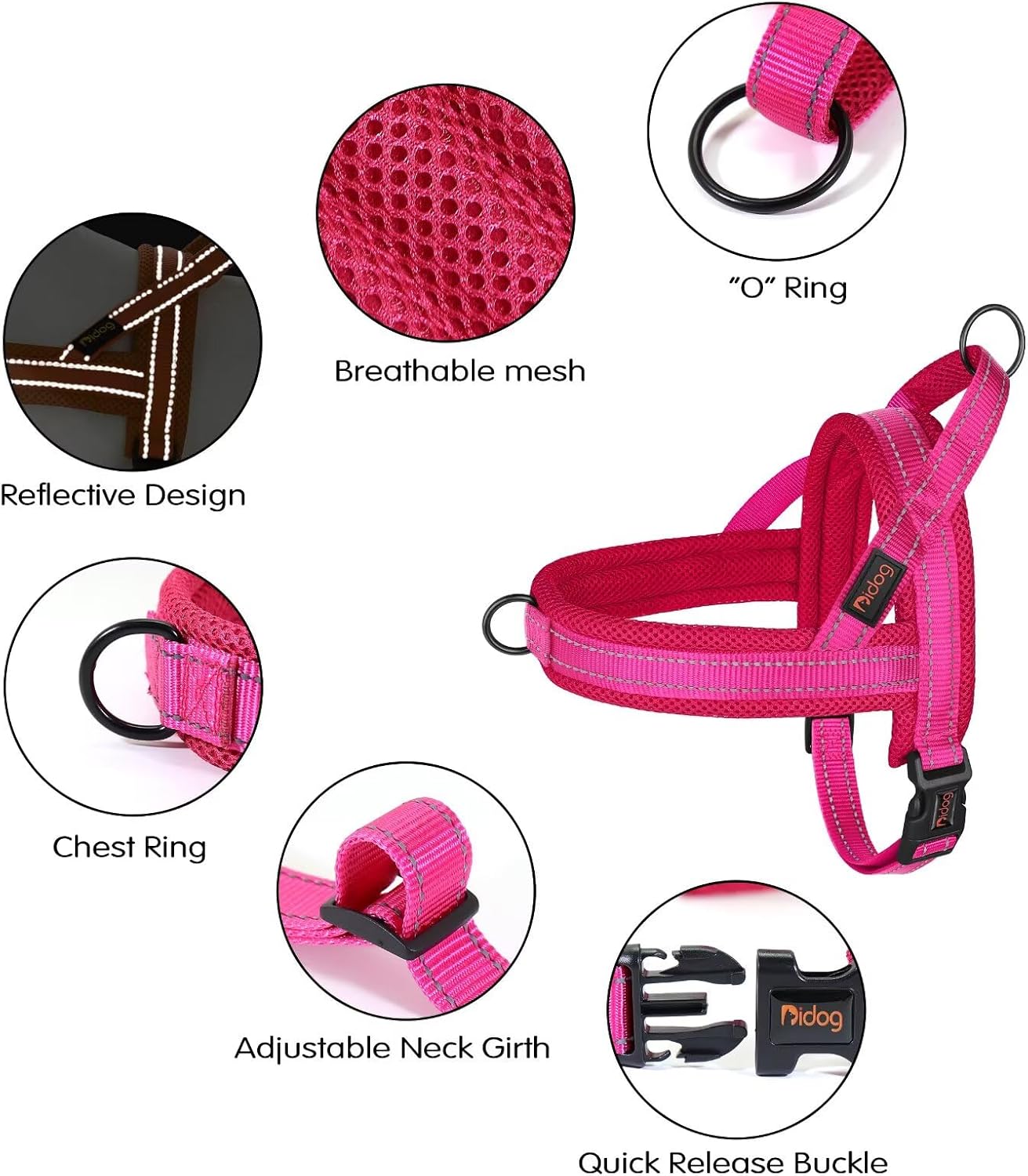 Didog No Pull Dog Harness with Soft Mesh Padded,Reflective & Quick Fit Light Weight Dog Strap Vest Harness,Easy for Walking Training (S:Chest 18-22", Mesh-Hot Pink)
