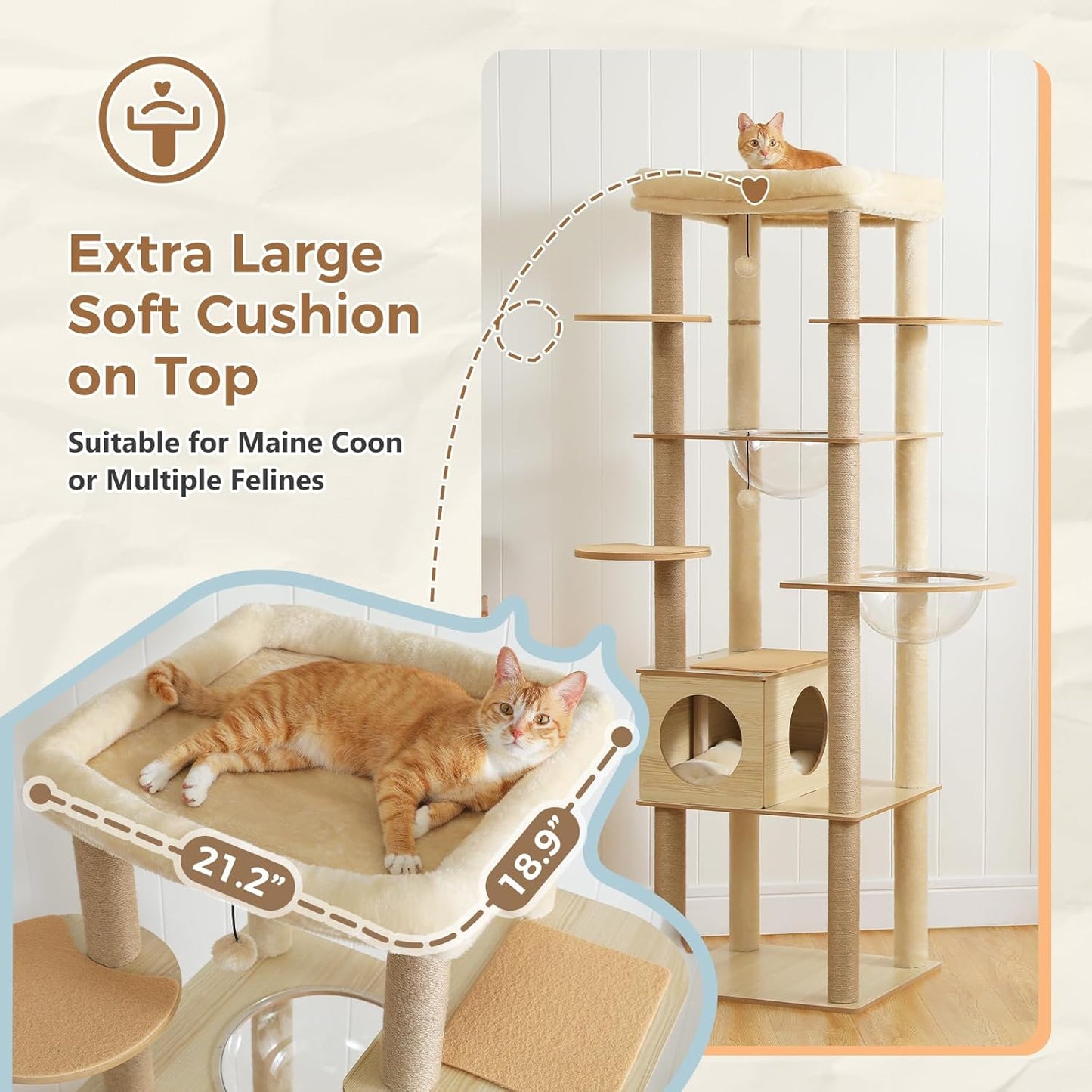 PEQULTI 71'' Cat Tree, Tall Wood Cat Tower for Indoor Cats with 2 Acrylic Cat Hammock, Multi-Level Activity Trees with Scratching Posts, Condo House and Large Top Perch for Large Cats, Beige