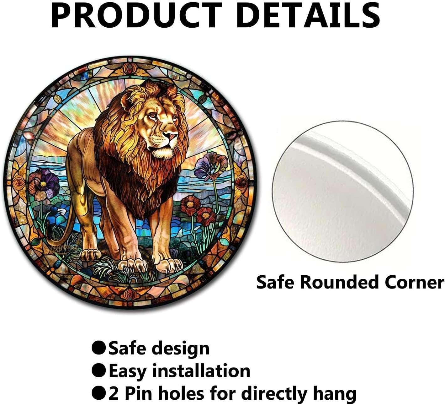 Lygond Metal Sign Tin Sign Circular Stained Glass Lion Vintage Decor for Garden 8×8 Inches