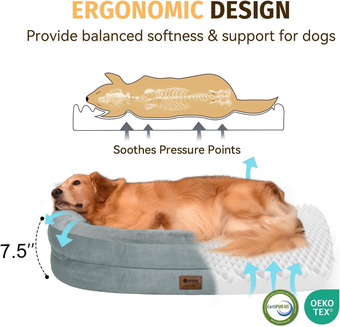 Orthopedic Waterproof Large Dog Bed: Memory Foam Washable Dog Bed with Bolsters - XXL Orthopedic Removable Cover for Medium Large Sized Pet - Non-Slip Bottom - Grey