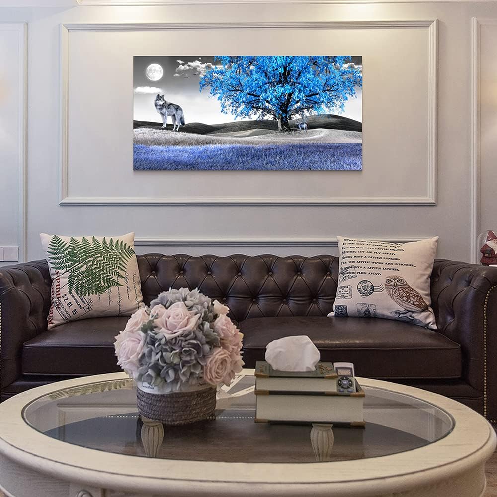 Large Size Canvas Wall Art For Living Room Wall Decor For Bedroom Modern Office Decorations Blue Tree Wall Pictures Artwork Black And White Scenery Paintings Room Wall Prints Art Home Decor 24" X 48"