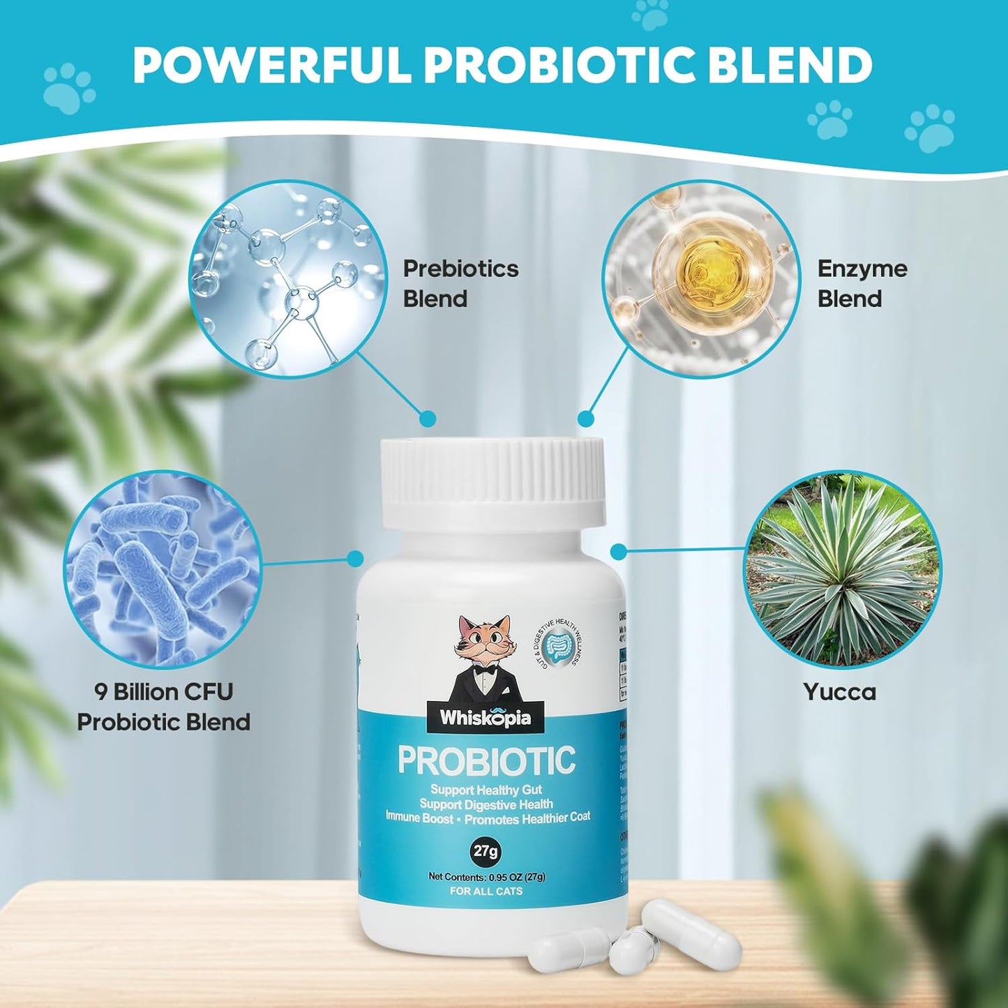 Probiotics for Cats - Cat Probiotic Supplement for Digestive & Gut Support, Diarrhea Relief, Immunity Booster, Cat Probiotic Powder with 9 Billion CFU and Prebiotics, 60 Capsules