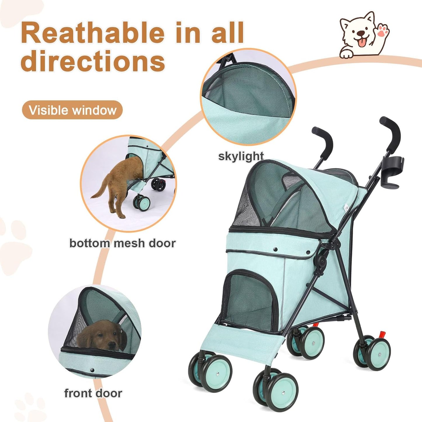 Umbrella Dog Stroller, 4 Wheels Pet Strolling, Foldable Carrier Pet Stroller for Small Dogs Cats, with Carrying Strap and Cup Holder, Dog Poop Bags & Dispenser, Up to 33 lbs, Cyan
