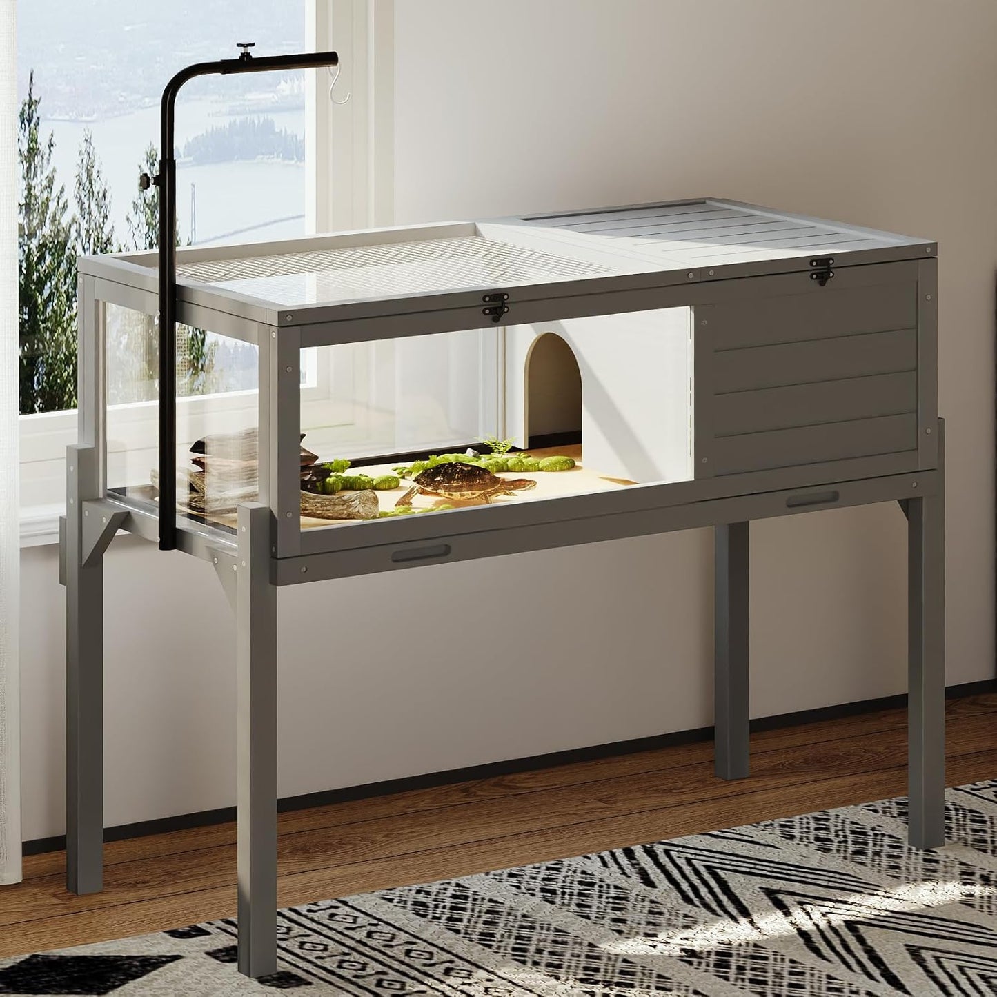 Tortoise Habitat with Adjustable Lamp Holder, Turtle Enclosure Indoor/Outdoor, Wooden House for Small Animals, Large Reptile Terrarium Table with Detachable Legs (New Gray)
