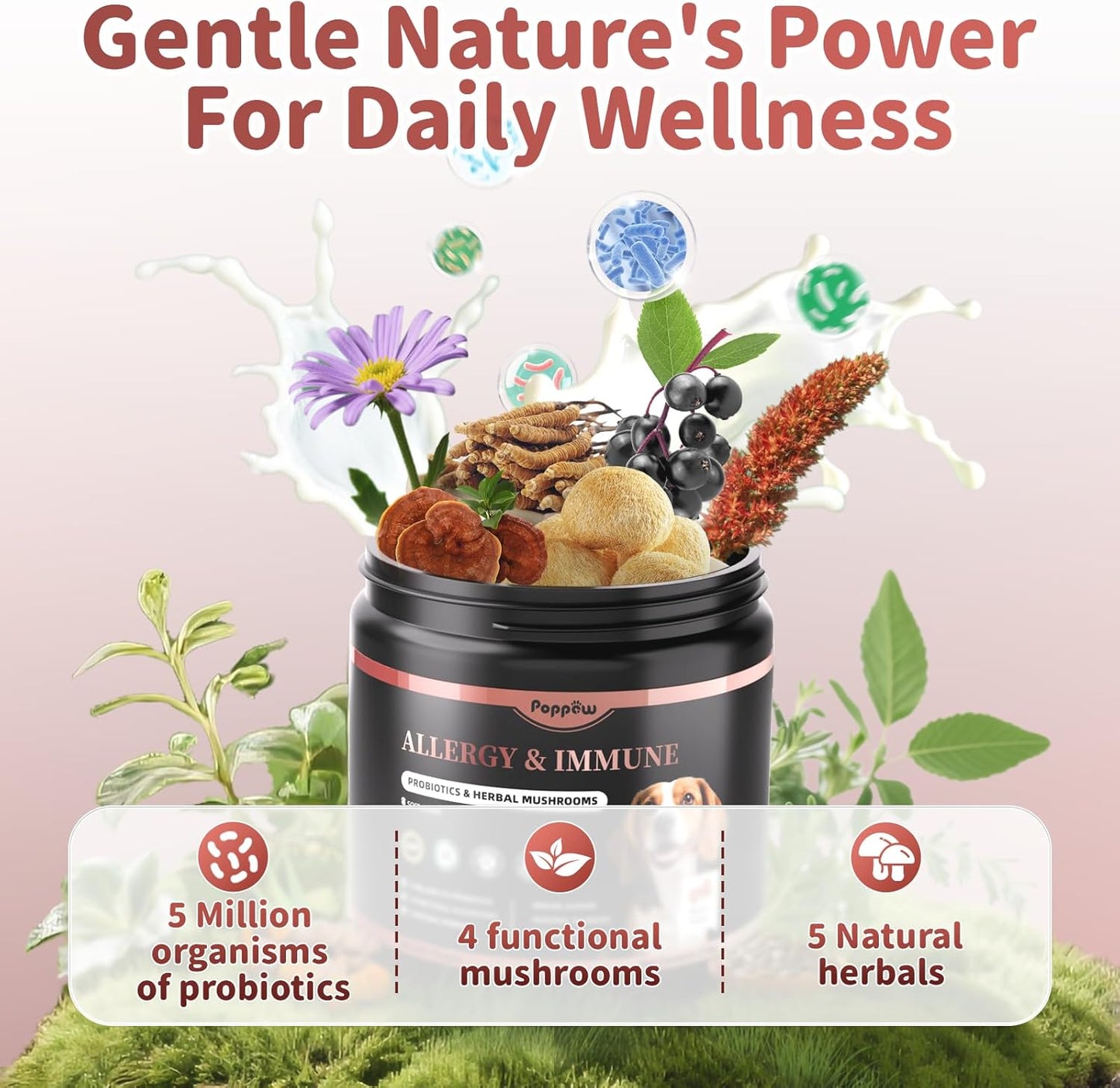 Dog Allergy Chews, Probiotics Supplement for Dogs Seasonal Allergies & Immune Support & Gut Health Pro, Mushroom Soft Chews for Joint, Energy, Itching Skin Support, Bacon Flavor - 90 Count