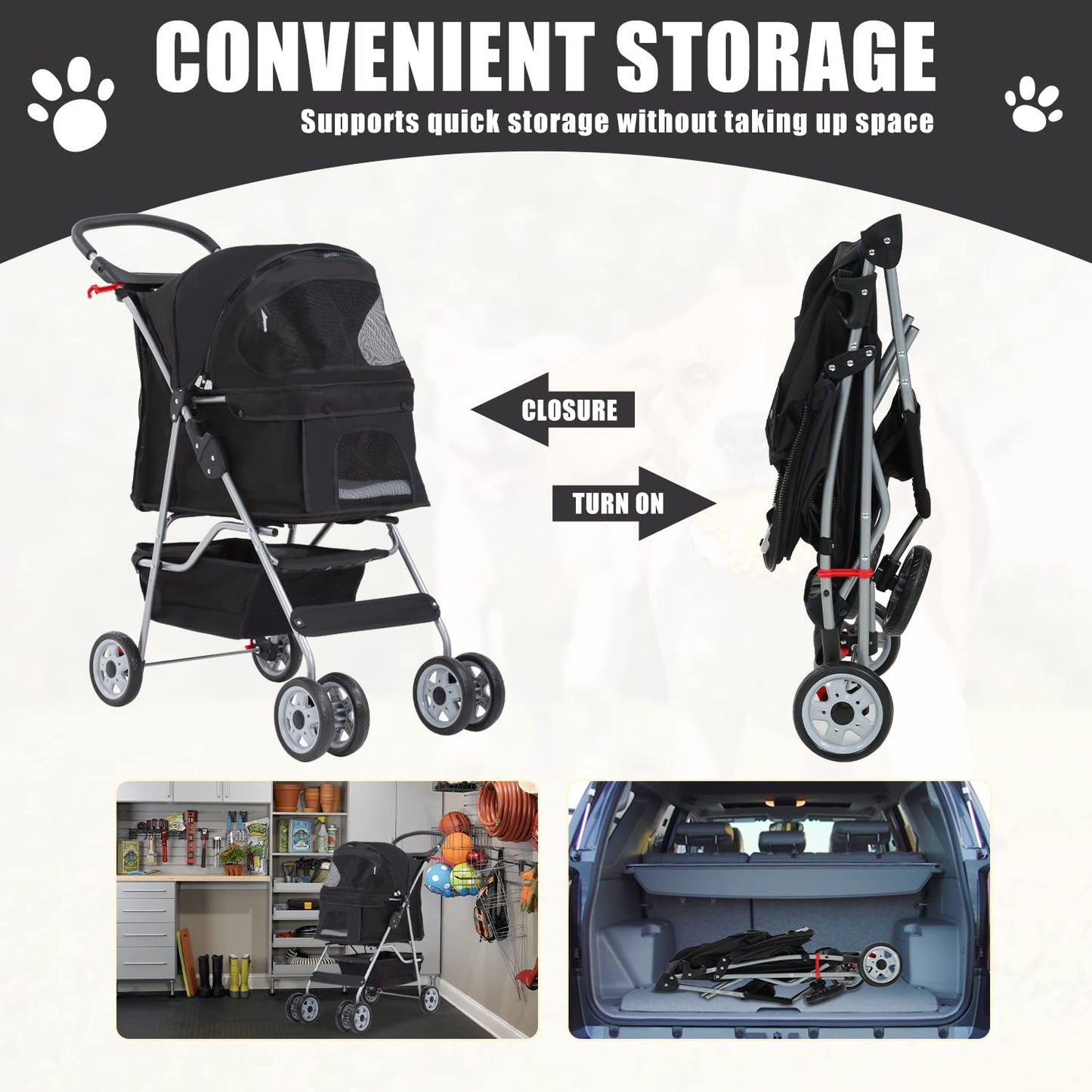 Pet Stroller 4 Wheels Dog Cat Stroller for Small Medium Dogs Cats Foldable Puppy Stroller with Storage Basket and Cup Holder,Black