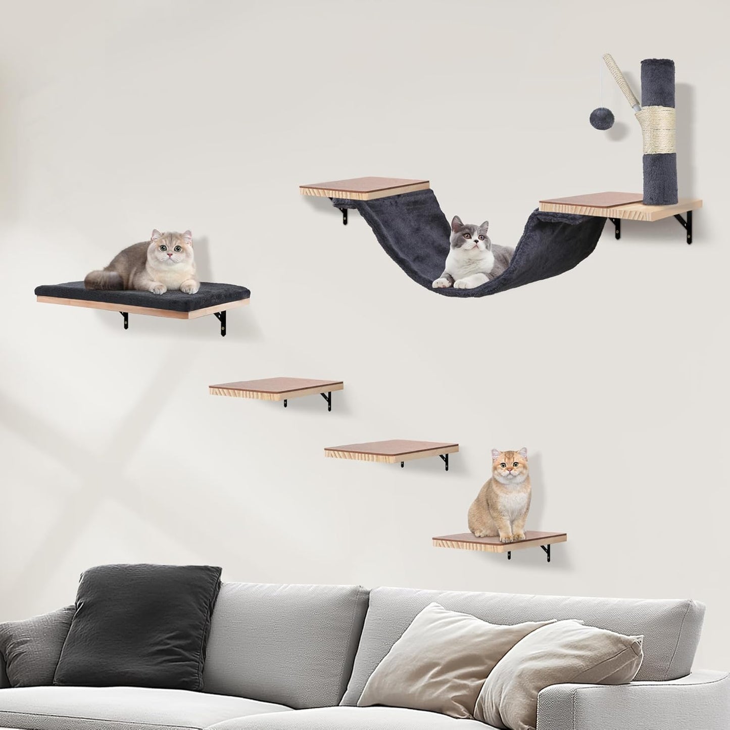 Wall Mounted Cat Climber Set, Cat Wall Shelves,Cat Wall Furniture Set,with Hammock,Jumping Boards,Sofa,Steps,Scratching Post,Hanging Ball and Felt Pads, Suit for Cats Climb, Jump,Scratch-Dark