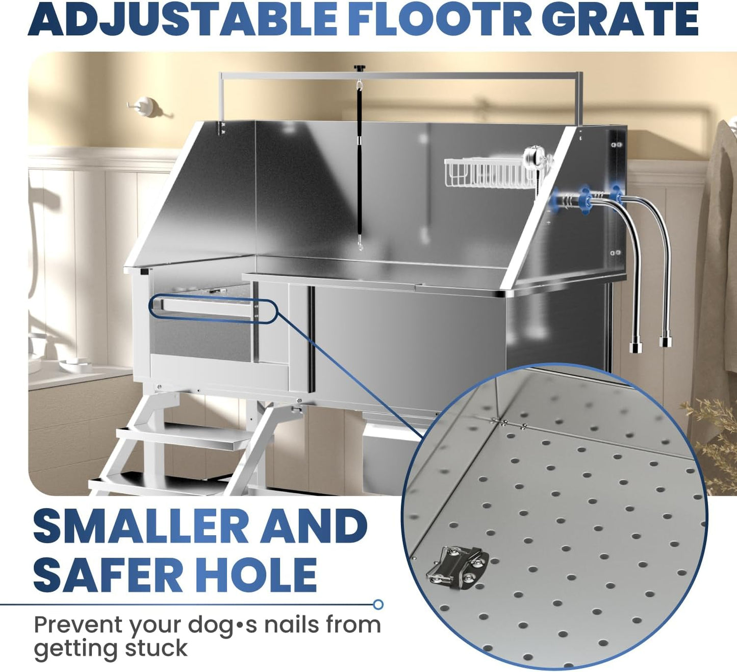 Professional 46" Dog Washing Station, Stainless Steel Dog Bathing Station, Height Adjustable Dog Wash Station, Storage Drawer, Upgrade Parts, Home, Commercial (Left Step)