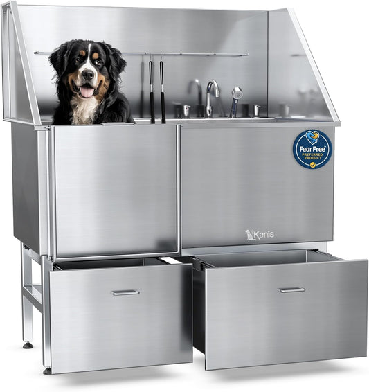 KANIS Professional Dog Washing Station - 304 Stainless Steel Pet Wash Sink & Grooming Bath Tub for Home with Ramp, Shower, Floor Grate, Storage Drawers, and Faucet for Large, Medium & Small Pets